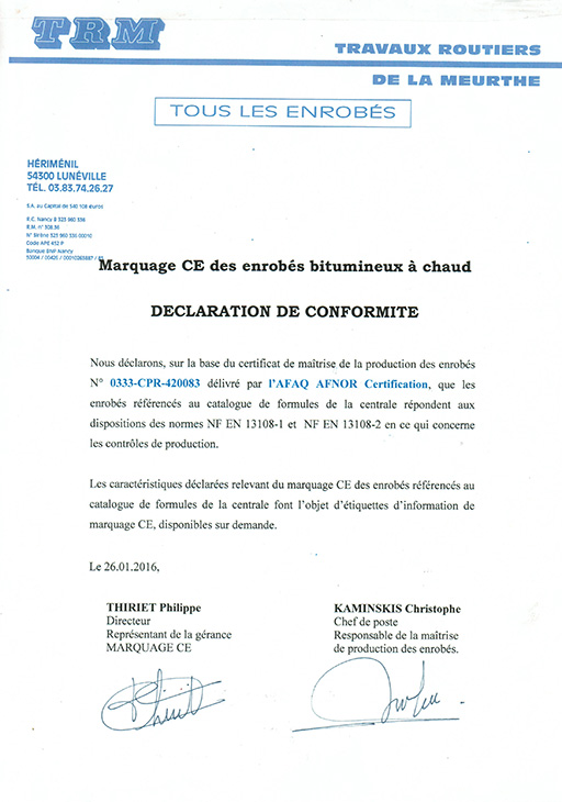 Certificat TRM Hériménil